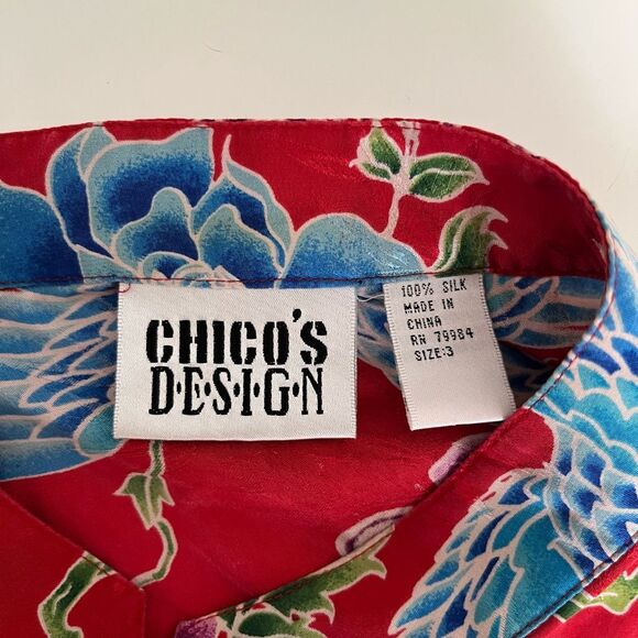 Chico's Silk Asian Art Kimono Top Womens XL 3 Floral Phoenix Red Artsy Lagenlook - Picture 9 of 11